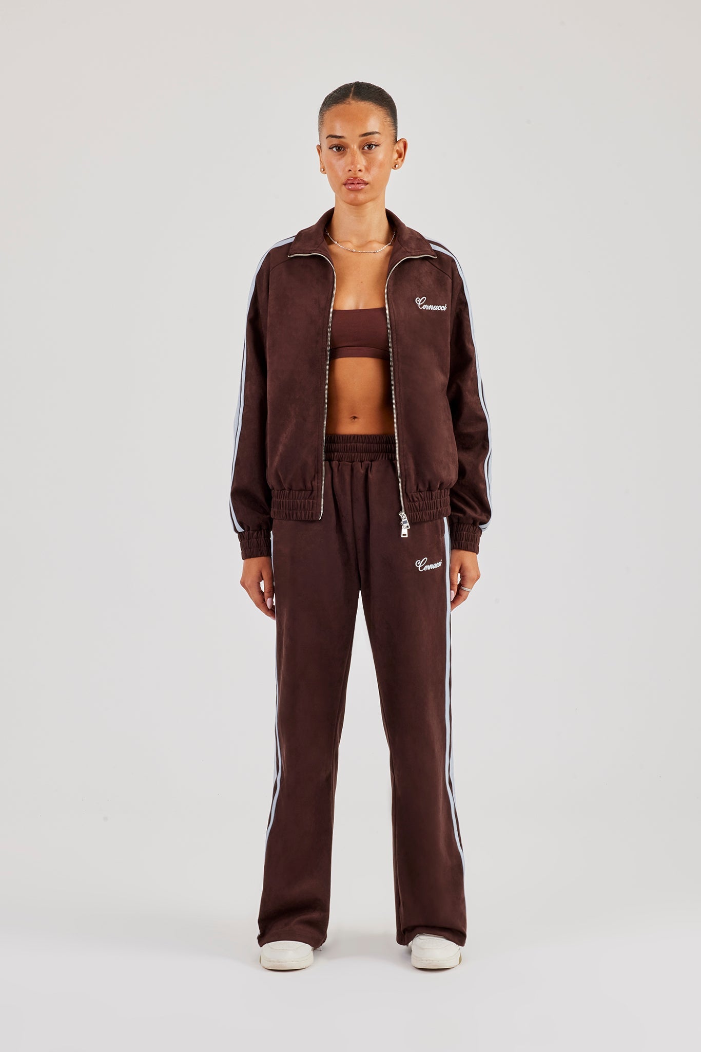 Suede Track Jacket & Jogger With Side Stripes - Coffee